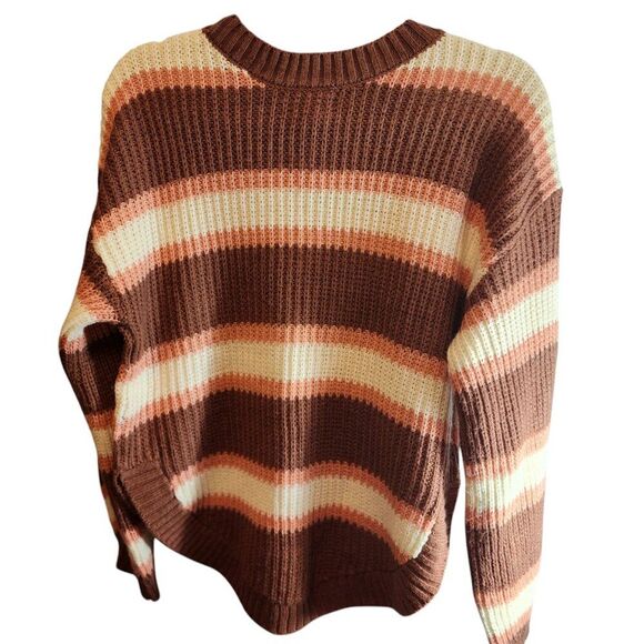 SO MULTICOLORED SWEATER SIZE MEDIUM IVORY BROWN RUST LONG SLEEVE ROUND COLLAR - Picture 5 of 7